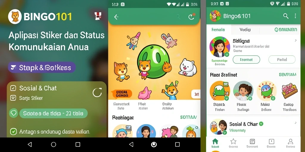 Tampilan antarmuka BINGO101 dengan pilihan stiker menarik dan mudah digunakan.